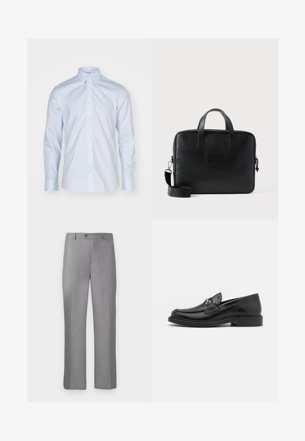 Camisa de manga larga azul clara con un cuello clásico, delantero abotonado y botones en contraste; hecha de una tela suave con un acabado nítido.; Pantalones de traje grises ajustados con pasadores para cinturón, botón frontal y cremallera, con un corte de pierna recta.; Mocasines de cuero negro con punta redondeada, que cuentan con un detalle de herrajes dorados y costuras, situados sobre una suela de goma texturizada y baja.; Bolso para portátil de cuero negro con dos asas superiores, una correa de hombro desmontable, superficie texturizada y forma rectangular. Parche de logo estampado visible.