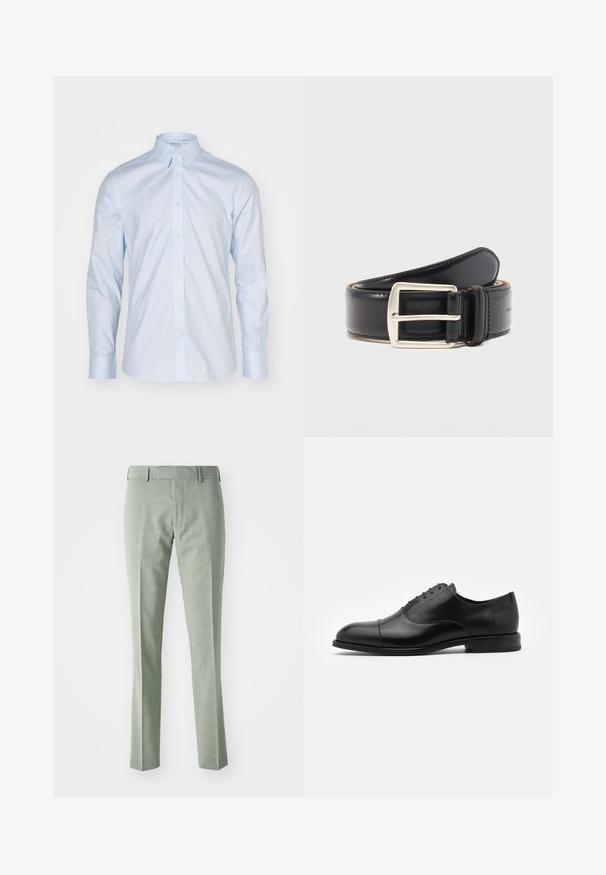 Camisa de manga larga azul clara con un cuello clásico, delantero abotonado y botones en contraste; hecha de una tela suave con un acabado nítido.; Pantalones verdes claros hechos a medida, con una textura suave, piernas rectas y un diseño clásico de cintura, adecuados para entornos formales.; Zapato de vestir de cuero negro con punta redonda, diseño con cordones y detalles de costura sutiles. Presenta un tacón bajo y una textura suave.; Cinturón de cuero negro enrollado con una hebilla de metal rectangular plateada y costuras visibles a lo largo de los bordes.