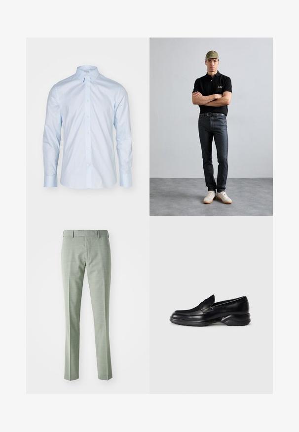 Camisa de manga larga azul clara con un cuello clásico, delantero abotonado y botones en contraste; hecha de una tela suave con un acabado nítido.; Pantalones verdes claros hechos a medida, con una textura suave, piernas rectas y un diseño clásico de cintura, adecuados para entornos formales.; Mocasines de piel negra con una suela de goma texturizada y baja, y un diseño de costura en la parte superior. Presenta una punta redondeada y mínimas ornamentaciones.; Camisa polo negra con logo dorado, jeans de mezclilla oscuros y zapatos claros. Gorra oliva con logo. El modelo está de pie con los brazos cruzados contra un fondo texturizado.