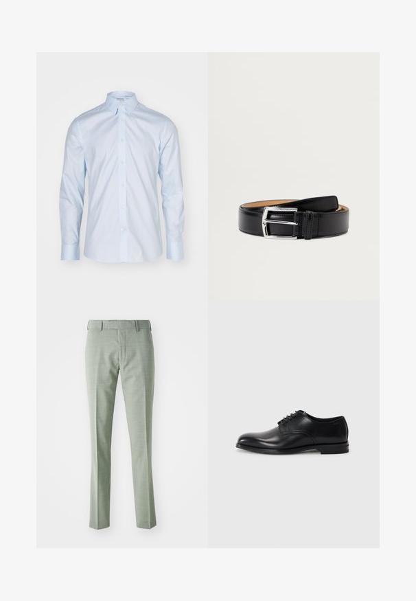 Camisa de manga larga azul clara con un cuello clásico, delantero abotonado y botones en contraste; hecha de una tela suave con un acabado nítido.; Pantalones verdes claros hechos a medida, con una textura suave, piernas rectas y un diseño clásico de cintura, adecuados para entornos formales.; Zapato de vestir de cuero negro con punta redondeada, diseño con cordones, textura suave y suela de goma de perfil bajo. Detalles de costura mínimos.; Cinturón de cuero negro con textura suave, hebilla de metal plateado y detalles de costura sencilla a lo largo de los bordes.