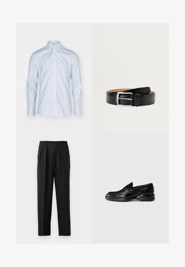 Camisa de manga larga azul clara con un cuello clásico, delantero abotonado y botones en contraste; hecha de una tela suave con un acabado nítido.; Pantalones plisados negros con un diseño a medida, elaborados en una tela suave, con cierre de botón y corte recto.; Mocasines de piel negra con una suela de goma texturizada y baja, y un diseño de costura en la parte superior. Presenta una punta redondeada y mínimas ornamentaciones.; Cinturón de cuero negro con textura suave, hebilla de metal plateado y detalles de costura sencilla a lo largo de los bordes.