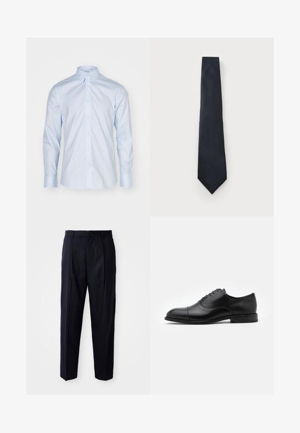 Himmelblaues Langarmhemd mit klassischem Kragen, durchgehender Knopfleiste und kontrastierenden Knöpfen; aus glattem Stoff mit frischer Oberflächenstruktur gefertigt.; Hosen aus navyblauem, glattem Stoff, mit einem entspannten Schnitt, gefälteltem Vorderteil und standardmäßigem Bund mit Gürtelschlaufen.; Schwarze Leder-Richterschuhe mit abgerundetem Zehenbereich, Schnürdesign und dezenten Stichdetails. Verfügt über einen niedrigen Absatz und eine glatte Textur.; Marineblaue Krawatte aus strukturiertem Stoff, mit schmalem Design und spitzem Ende. Das Material weist ein dezentes Muster für zusätzliche Details auf.