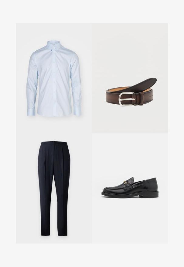 Lichtblauwe overhemd met lange mouwen, voorzien van een klassieke kraag, knoopsluiting en contrasterende knopen; gemaakt van gladde stof met een frisse afwerking.; Marineblauwe broek met een ontspannen pasvorm, geplooide voorkant en elastische tailleband. De stof lijkt glad met een subtiele glans.; Zwarte leren instappers met een ronde neus, voorzien van een gouden hardware accent en stikdetails, geplaatst op een lage, getextureerde rubberen zool.; Donkerbruine leren riem opgerold met zilveren rechthoekige gesp op een witte achtergrond.