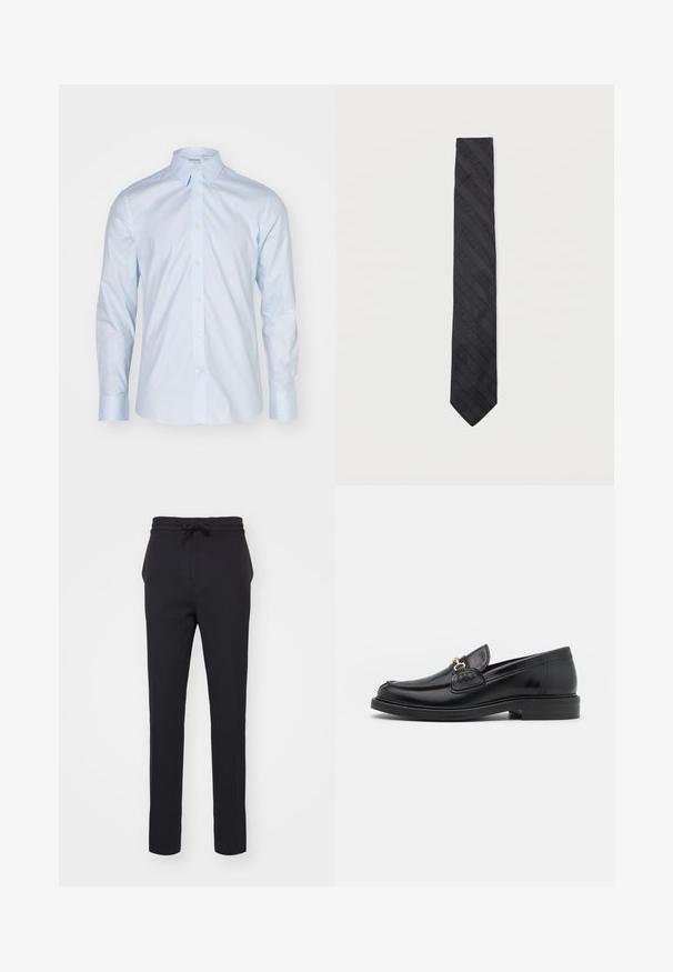 Himmelblaues Langarmhemd mit klassischem Kragen, durchgehender Knopfleiste und kontrastierenden Knöpfen; aus glattem Stoff mit frischer Oberflächenstruktur gefertigt.; Schwarze, tapered Hosen aus einem weichen Stoff. Verfügt über einen Kordelzugbund und seitliche Taschen mit glatter Textur.; Schwarze Lederleter mit einer abgerundeten Zehenpartie, ausgestattet mit goldenen Hardwareakzenten und Stichdetails, auf einer niedrigen, strukturierten Gummisohle.; Schleife mit einem strukturierten, diagonalen Streifenmuster. Hergestellt aus glattem Stoff, hat sie eine schmale Breite und eine spitze End.