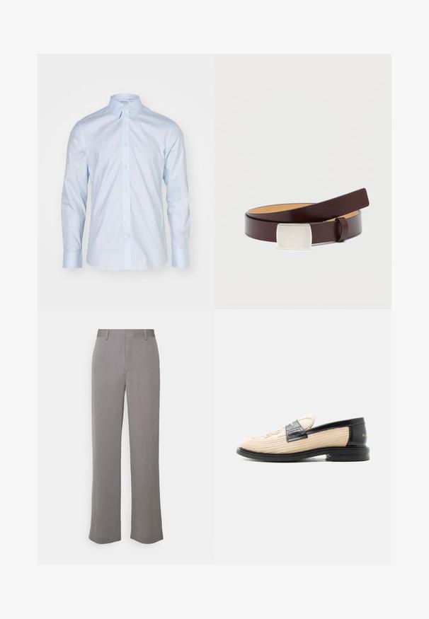 Himmelblaues Langarmhemd mit klassischem Kragen, durchgehender Knopfleiste und kontrastierenden Knöpfen; aus glattem Stoff mit frischer Oberflächenstruktur gefertigt.; Tiger of Sweden TREY - Stoffhose - grey shadow; Beiger gewebter Loafer mit schwarzem Lederbesatz, abgerundeter Spitze, schwarzer Sohle und dekorativem gesteppten Muster an der Oberseite.; Brauner Ledergürtel mit einer rechteckigen silbernen Schnalle, glatter Oberfläche und einem kontrastierenden helleren Innenfutter. Einfaches, klassisches Design.