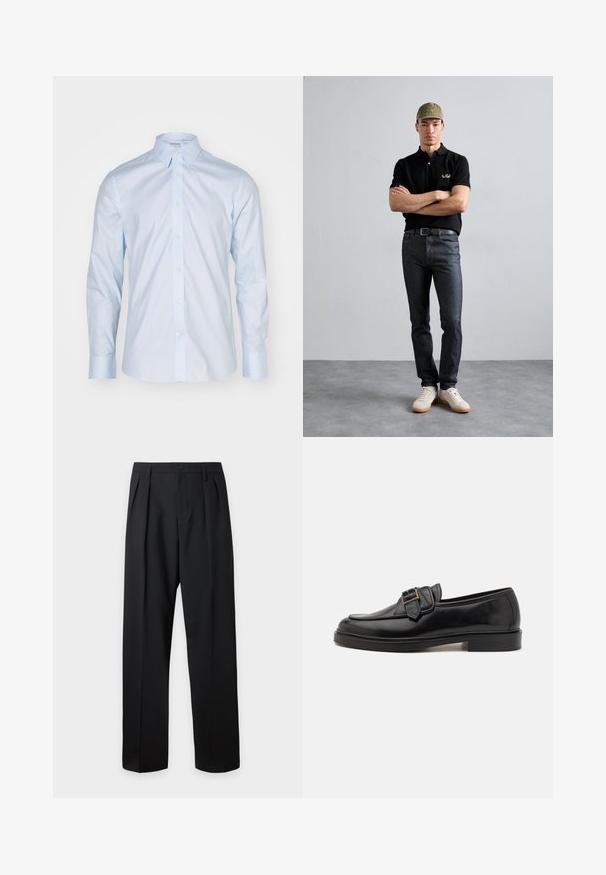 Camisa de manga larga azul clara con un cuello clásico, delantero abotonado y botones en contraste; hecha de una tela suave con un acabado nítido.; Pantalones negros de talle alto y corte sastre, con presillas para cinturón, pliegues delanteros, cierre de botones y piernas anchas y rectas sobre un fondo claro.; Mocasines de cuero negro con punta redonda y un acento decorativo de hebilla. Tacón plano y sólido, con una textura suave en todo el zapato.; Camisa polo negra con logo dorado, jeans de mezclilla oscuros y zapatos claros. Gorra oliva con logo. El modelo está de pie con los brazos cruzados contra un fondo texturizado.