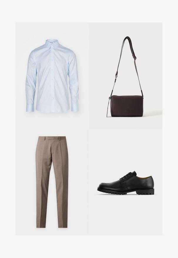 Himmelblaues Langarmhemd mit klassischem Kragen, durchgehender Knopfleiste und kontrastierenden Knöpfen; aus glattem Stoff mit frischer Oberflächenstruktur gefertigt.; Beige Slim-Fit-Hose mit Gürtelschlaufen und Bügelfalte vorne, flach auf schlichtem Hintergrund dargestellt.; Schwarzer Lederschnürschuh mit dicker, profilierter Sohle und niedrigem Absatz auf weißem Hintergrund dargestellt.; Dunkelbraune, strukturierte Leder-Crossbody-Tasche mit verstellbarem Riemen und kleinem dekorativen blauen Akzent an der Seite.