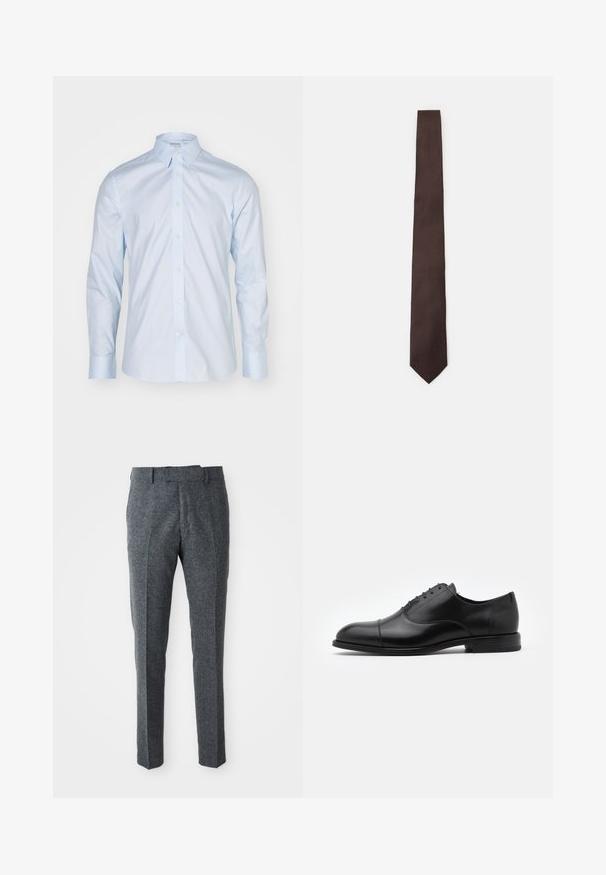 Lyseblå langærmet skjorte med klassisk krave, knaplukning foran og kontrasterende knapper; lavet af glat stof med en sprød overflade.; Grå uldbukser med slim fit, flad front og to sidelommer. De har en glat tekstur og et subtilt vævemønster.; Sorte læderdress sko med rund tå, snørebåndsdesign og diskrete syninger. Har en lav hæl og glat tekstur.; Brun slips med et struktureret mønster, slankt design og spids ende. Fremstillet af stof, med en glat overflade og subtil glans.