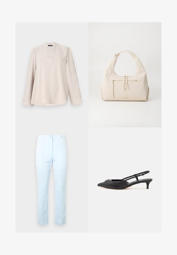Blouse beige clair à manches longues avec un décolleté en forme de trou de clé et un ourlet arrondi. Fabriquée en tissu lisse, elle présente une coupe décontractée et un minimum de détails.; Pantalon bleu clair sur mesure avec une texture lisse, doté de deux boutons à l'avant, de poches latérales et de coutures verticales discrètes pour la mise en forme.; Chaussures noires à talon slingback avec un bout pointu, en matériau lisse, dotées d'un petit talon et d'un accent décoratif en argent sur le dessus.; Sac en cuir beige avec une bandoulière courbée, comprenant une poche zippée à l'avant et des accents dorés discrets. Texture lisse et design minimaliste.