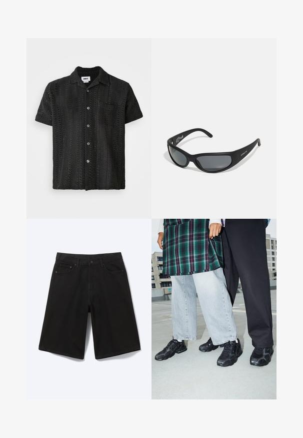 Camisa de ganchillo negra de manga corta con un corte relajado, presenta un cierre de botones en la parte delantera, un bolsillo en el pecho y un patrón texturizado abierto.; Pantalones cortos vaqueros negros hasta la rodilla con botón frontal, trabillas para cinturón y cinco bolsillos, mostrados sobre un fondo blanco.; Zapatillas deportivas negras con acentos de malla y goma. Combinadas con jeans de pierna ancha de color gris claro y una blusa de cuadros verdes. Fondo de superficie plana.; Gafas de sol negras con un marco curvado y lentes oscuros. Presentan un acabado mate y el nombre de la marca "ARNETTE" en el lateral.
