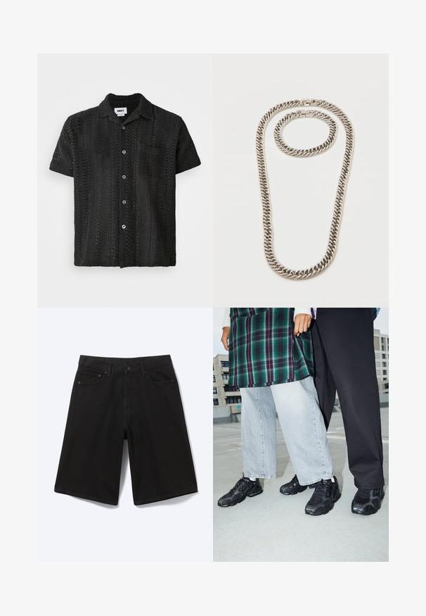 Schwarzes Kurzarm-Crochet-Shirt mit lockerem Schnitt, Knopfleiste auf der Vorderseite, einer Brusttasche und strukturiertem offenen Muster.; Schwarze knielange Jeansshorts mit Frontknopf, Gürtelschlaufen und fünf Taschen, dargestellt vor weißem Hintergrund.; Schwarze Sportschuhe mit Mesh- und Gummielementen. Kombiniert mit hellgrauen weiten Jeans und einem karierten grünen Oberteil. Flacher Hintergrund.; Silberfarbene dicke Gliederkette und passendes Armband mit ineinandergreifenden Gliedern und Kastenschlössern auf weißem Hintergrund.