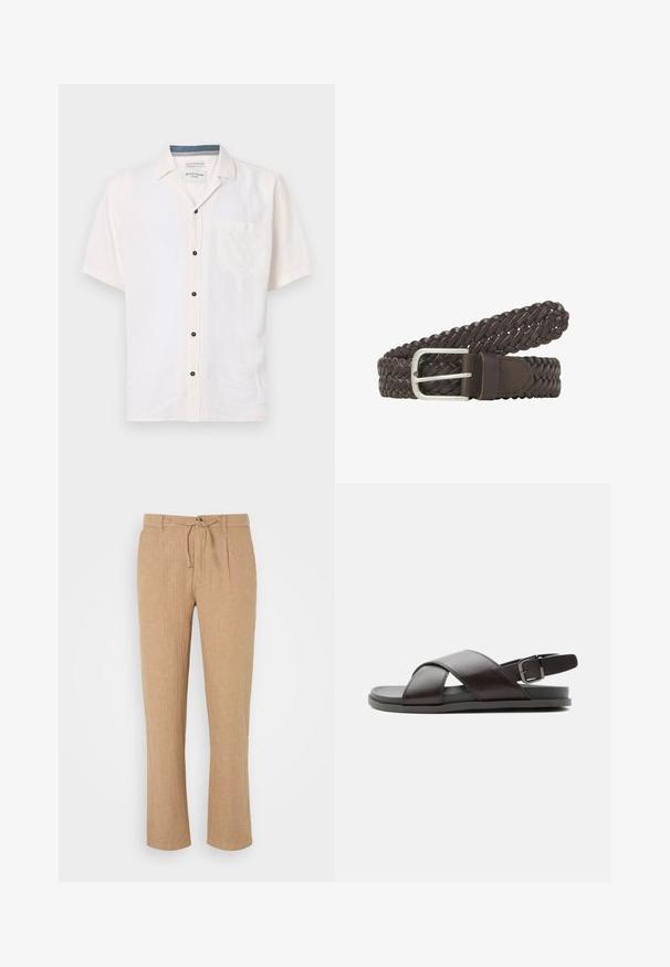 Košeľa s krátkym rukávom vyrobená z ľahkej látky, v off-white farbe, s náprsním vreckom a čiernymi gombíkmi na prednej lége.; Bežové ľanové nohavice s rovnou nohavicou, s pásom na šnúrku a jemne textúrovaným povrchom. Predné záhyby pridávajú detail k klasickému štýlu.; Pánska tmavohnedá kožená sandála s prekríženými remienkami a nastaviteľným remienkom na päte so sponou na plochej podrážke, zobrazená z boku.; Tmavohnedý zapletený kožený opasok so striebornou kovovou prackou, zvinutý na bielom pozadí.