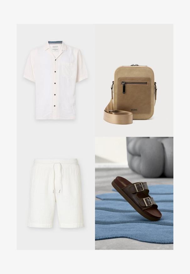 Kortærmet skjorte lavet af let stof, i off-white, med en brystlomme og sorte knapper langs fronten.; Hvide bomuldsshorts med elastisk talje og snøre, knælange med en afslappet, ledig pasform.; Brun læder-slide-sandal med to justerbare sølvspænder, der hviler på en blå tekstureret overflade, neutral baggrund.; Lille beige crossbody-taske med lynlåslomme foran, metal ALDO-logo, justerbar bred rem og rundet rektangulær form på hvid baggrund.