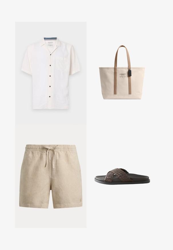 Camisa de manga corta hecha de una tela ligera, en color blanco roto, con un bolsillo en el pecho y botones negros a lo largo del cierre frontal.; Pantalones cortos a cuadros beige con cintura elástica y cordón delantero, que muestran un pequeño logo bordado en la parte inferior de la pierna izquierda.; Sandalia deslizante para hombre de color marrón oscuro con tiras de cuero entrelazadas cruzadas y suela negra sobre fondo blanco.; Bolso tote de lona beige con asas color cuero, etiqueta negra de Coach y logo de Coach New York en el centro delantero.