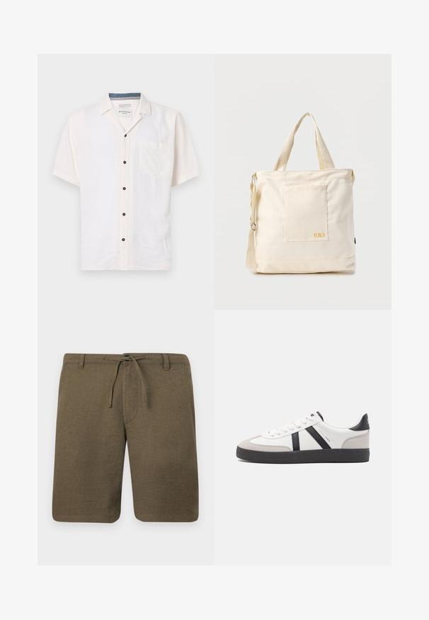 Košeľa s krátkym rukávom vyrobená z ľahkej látky, v off-white farbe, s náprsním vreckom a čiernymi gombíkmi na prednej lége.; Olivové ľanové šortky s plochým predným dielom, šnúrkou na páse a bočnými vreckami; textúrovaná tkanina s voľným a pohodlným strihom.; Biele tenisky s čiernymi a šedými akcentmi, s textúrovanou šedou špičkou, čiernou gumovou podrážkou a plochými bielymi šnúrkami. Čistý dizajn, minimalistický štýl.; Krémová plátenná taška typu tote s predným vreckom, dvoma rukoväťami, nastaviteľným ramenným popruhom a malým žltým nápisom "O.N.S" v dolnom pravom rohu vrecka.
