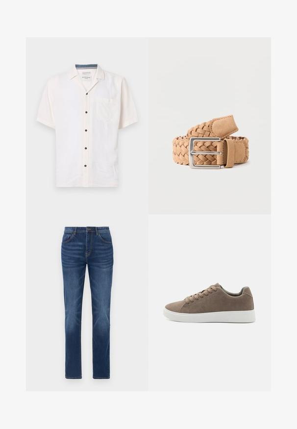 Kortærmet skjorte lavet af let stof, i off-white, med en brystlomme og sorte knapper langs fronten.; Mørkeblå denimjeans med en klassisk lige pasform, fem-lomme design og let falmede detaljer på benene. Har knap- og lynlåslukning.; Brune ruskinds sneakers med flade hvide gummisåler, snørelukning, rund tå og en glat overflade. Minimalistisk stil med diskrete syninger.; Flettet bælte i lysebrun ruskind med sølvfarvet rektangulært metalspænde, rullet sammen på en ensartet lys baggrund.