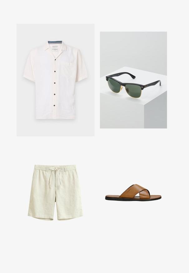 Kortærmet skjorte lavet af let stof, i off-white, med en brystlomme og sorte knapper langs fronten.; Lys beige linnedshorts med elastisk talje, bindebånd og sidelommer, vist mod en hvid baggrund.; Brune læderslidesandal med perforeret tværremdesign, flad sort gummisål og glat inderside.; Ray-Ban solbriller med grønne linser, sorte plastikstel og gyldne detaljer ved kanterne. Firkantet form med mat finish.