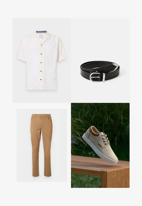 Kortærmet skjorte lavet af let stof, i off-white, med en brystlomme og sorte knapper langs fronten.; Brune bukser med lige ben, forlommer, bæltestropper, lynlås og knaplukning mod en ensartet lys baggrund.; Beige lærredssneaker med brune læderdetaljer, runde snører, hvid gummisål og tekstureret overflade, vist på en træoverflade.; Sort læderbælte med en sølvmetalsnore, der har et klassisk design og en glat tekstur. Indeholder huller til justerbar pasform.