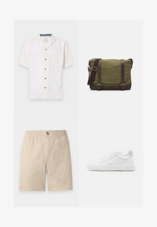 Camisa de manga corta hecha de una tela ligera, en color blanco roto, con un bolsillo en el pecho y botones negros a lo largo del cierre frontal.; Pantalones cortos de algodón beige con cintura elástica, cierre de botón y detalle de costura frontal sobre un fondo blanco.; Zapatillas de cuero blanca con un acabado suave, punta redondeada, cordones planos y una suela texturada. Acento de ante gris en el talón.; Bolso mensajero de tela verde con detalles de cuero marrón, tapa frontal, correa ajustable y cierre con cremallera en la parte superior. Presenta herrajes dorados.