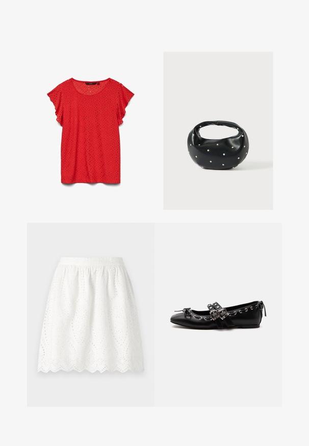 Blouse rouge à manches courtes avec détails en dentelle ajourée en motif losange et encolure arrondie, présentée sur fond blanc.; Jupe blanche en dentelle avec un ourlet en forme de vagues. Présente une taille froncée et des motifs perforés complexes sur tout le tissu.; Chaussure de ballet plate noire avec doubles brides à boucle, œillets argentés et petit nœud près de l’orteil arrondi sur fond blanc.; Sac à main en cuir noir de forme arrondie, décoré de clous argentés et équipé d'une poignée courte. Texture lisse et fermeture éclair.