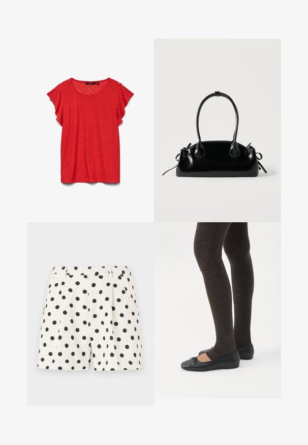 Blouse rouge à manches courtes avec détails en dentelle ajourée en motif losange et encolure arrondie, présentée sur fond blanc.; Shorts blancs en lin avec un motif à pois noirs. Présentent des plis et des poches latérales. Taille ajustée avec une finition soignée.; Jambes portant des leggings côtelés foncés associés à des ballerines noires avec de petits détails en nœud sur fond blanc.; Petit sac à main noir brillant avec deux longues anses et des détails à cordon sur les côtés sur un fond clair uni.
