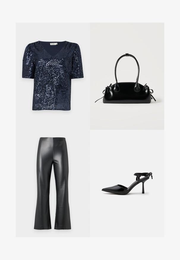 Top de cuello en V de manga corta en azul marino, cubierto de lentejuelas con un patrón texturizado, que presenta un corte holgado y mangas ligeramente abullonadas.; Pantalones de imitación cuero negros con un diseño de pierna acampanada, que cuentan con una textura suave y brillante y una cintura alta. Apariencia simple y elegante.; Zapato de tacón alto de cuero charol negro con punta puntiaguda y correa en el tobillo atada en un nudo en la parte trasera, mostrado sobre un fondo blanco liso.; Pequeño bolso negro brillante con dos asas largas y detalles de cordón lateral sobre un fondo claro liso.