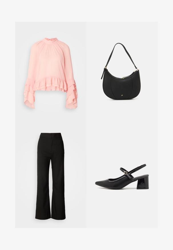 Blouse rose clair en tissu doux, avec un col montant, de longues manches froncées et un ourlet à volants à plusieurs niveaux.; Pantalons noirs à jambes larges avec une texture lisse, taille haute et un design épuré. Pas de poches visibles ni d'embellissements.; Escarpins slingback en cuir verni noir avec un embout pointu, un design à découpes arrondies et un talon carré. Présente un accent de boucle en ton doré.; Sac à main en cuir noir avec une forme courbée, surface texturée, coutures avant et un logo doré. Il est doté d'une seule sangle ajustable.