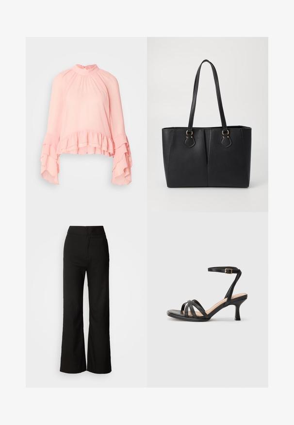 Blouse rose clair en tissu doux, avec un col montant, de longues manches froncées et un ourlet à volants à plusieurs niveaux.; Pantalons noirs à jambes larges avec une texture lisse, taille haute et un design épuré. Pas de poches visibles ni d'embellissements.; Sandales à talons noirs avec plusieurs fines lanières sur le bout, une seule lanière à la cheville avec une boucle dorée, et un bout carré.; Sac fourre-tout noir en simili cuir avec une finition texturée, deux longues poignées et des accents en métal doré sur le côté. Shape rectangulaire.