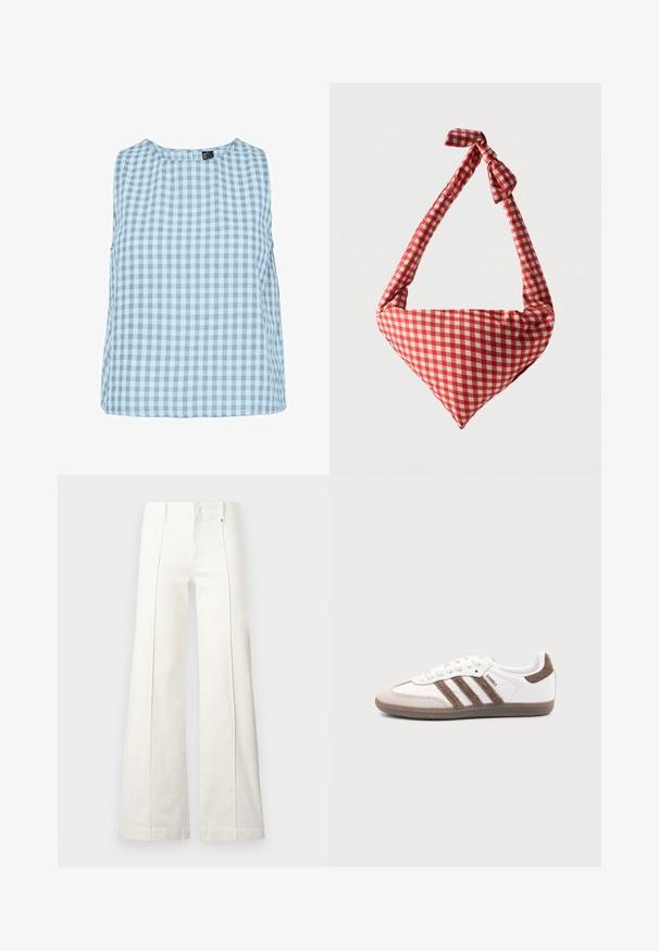 Top sin mangas en gingham azul claro con escote redondo y corte relajado. Confeccionado en una suave tela texturizada con un patrón de cuadros.; Pantalones blancos de tiro alto y pernera ancha con costuras frontales y trabillas para cinturón, mostrados sobre un fondo claro y sencillo.; Zapatilla blanca Adidas Samba con franjas de ante marrón, suela de goma marrón y puntera de ante beige, vista desde el lado exterior sobre un fondo liso.; Bolso de tela suave para el hombro con patrón de cuadros rojos y blancos, asa con nudo y forma triangular sobre un fondo liso.