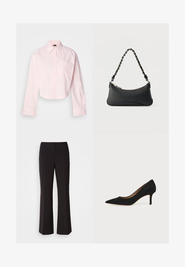 Camisa de botones de manga larga en color rosa claro, con un bolsillo en el pecho y detalles bordados en el bolsillo. Hecha de tela de algodón.; Pantalones de pierna ancha a rayas negras con una tela suave, que presentan una cinturilla de tiro medio y un diseño frontal limpio. Sin bolsillos visibles.; Salón de ante negro con punta puntiaguda, tacón de aguja delgado de altura media y diseño de corte bajo sobre un fondo liso.; Bolso de hombro de cuero negro con forma rectangular curvada, cadena dorada entrelazada en una correa negra trenzada y cierre superior con cremallera.