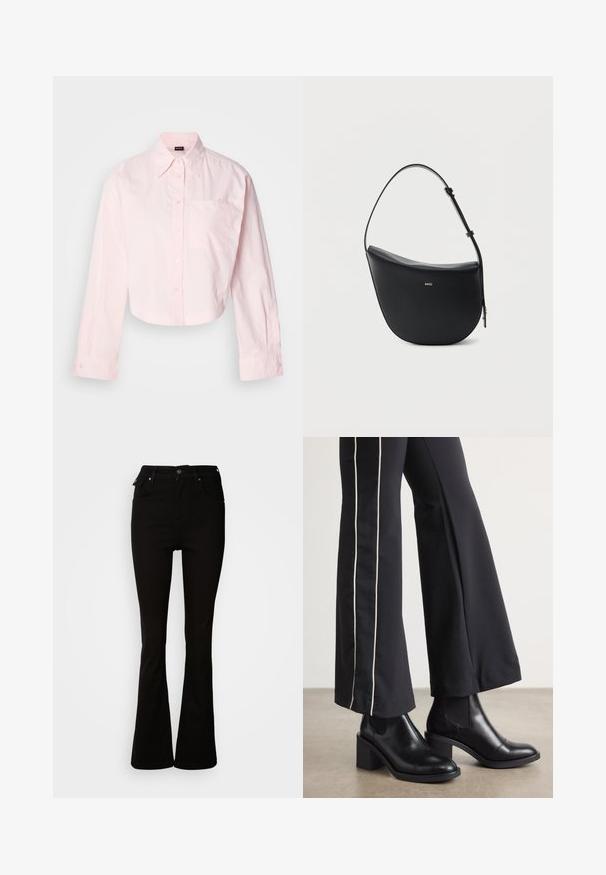Camisa de botones de manga larga en color rosa claro, con un bolsillo en el pecho y detalles bordados en el bolsillo. Hecha de tela de algodón.; Jeans acampanados negros de denim, con una cintura alta, bolsillos frontales y un diseño clásico de cinco bolsillos con acentos de metal.; Botines de cuero negro con tacón cuadrado, con paneles laterales elásticos. Combinados con pantalones negros que tienen una franja blanca lateral.; Bolso de hombro de cuero negro en forma de media luna, con correa ajustable y logo dorado "BOSS" centrado en el frente.