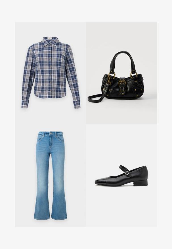 Camisa de botón de manga larga a cuadros en azul y blanco con cuello y botones marrones, exhibida plana sobre un fondo blanco.; Jeans de campana en denim azul claro con bolsillos frontales, presillas para cinturón y cierre de botón sobre un fondo blanco.; Zapatos Mary Jane de cuero negro con puntera de charol, correa de tobillo ajustable y tacón bajo. Textura suave y diseño elegante.; Bolso de cuero negro con hebilla y detalles de remaches dorados, asas cortas y una correa de hombro ajustable sobre un fondo blanco liso.