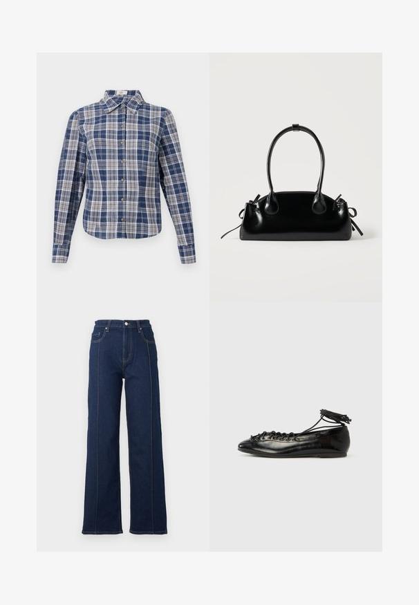 Camisa de botón de manga larga a cuadros en azul y blanco con cuello y botones marrones, exhibida plana sobre un fondo blanco.; Jeans de mezclilla de corte ancho en color azul oscuro con costuras prominentes, tiro alto y cinco bolsillos. Presenta un cierre frontal con botón y cremallera.; Zapatos planos tipo ballet de charol negro con punta redondeada, diseño con cordones y suela plana. Textura lisa con detalles mínimos.; Pequeño bolso negro brillante con dos asas largas y detalles de cordón lateral sobre un fondo claro liso.