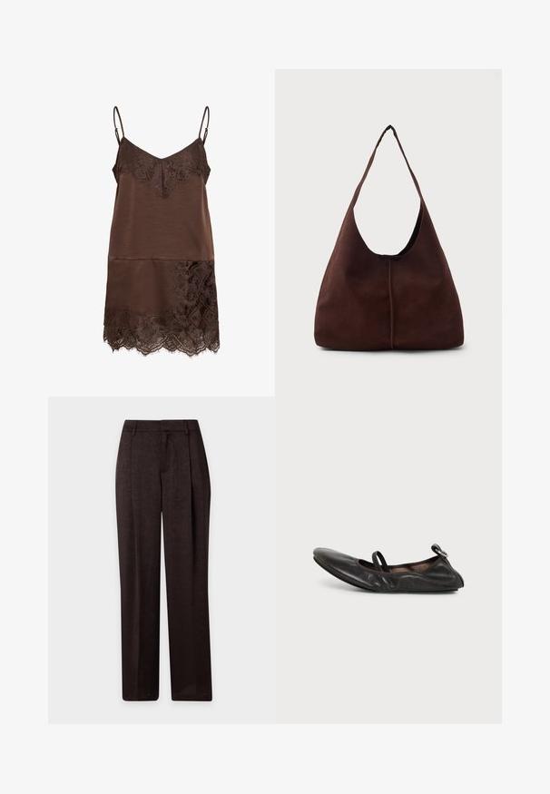 Robe nuisette en satin marron avec bordure en dentelle au niveau du décolleté et de l'ourlet, avec fines bretelles ajustables.; Pantalon droit marron foncé avec une texture florale subtile, passants de ceinture et plis devant, présenté sur un fond clair.; Chaussure plate en cuir noir avec bout arrondi, bride élastique sur le cou-de-pied et petit détail de boucle métallique au talon.; Sac hobo en daim marron avec une grande ouverture courbée et une large bandoulière. Présente une couture centrée à l'avant. Texture lisse.
