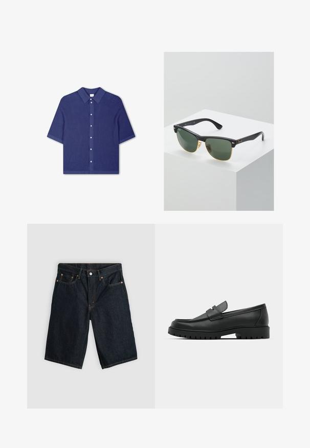 Kurzes, kragenloses Hemd in tiefem Marineblau, mit einem strukturierten Gewebemuster und einer Knopfleiste mit runden, silberfarbenen Knöpfen.; Dunkelblaue Denim-Shorts in Knielänge mit Vorderknopf, Reißverschluss und fünf Taschen, flach auf einem hellgrauen Hintergrund ausgelegt.; Schwarze Lederloafer mit runder Zehenform, ausgestattet mit einem gesteppten Design, niedrigem Plattformsohle und einer strukturierten, genoppten Gummisohle.; Ray-Ban Sonnenbrillen mit grünen Gläsern, schwarzen Kunststoffrahmen und goldenen Akzenten an den Rändern. Quadratische Form mit matter Oberfläche.