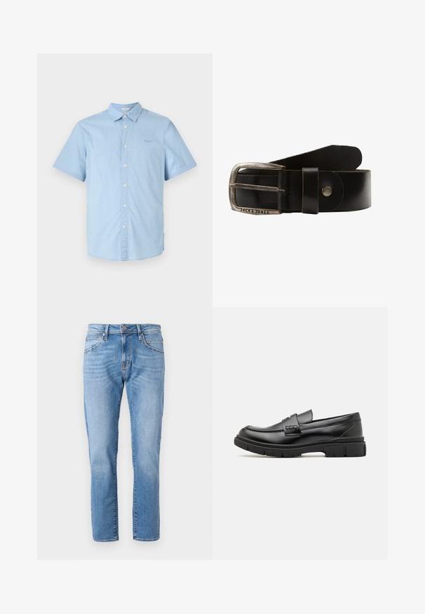 Kortærmet skjorte i lyseblå med hvide prikker, knaplukning foran, klassisk krave og subtilt logo på brystet.; Lyseblå denimjeans med lige ben, klassisk fem-pocket design, subtilt slid og en kontrastknaplukning i taljen.; Sort læder loafersko med en bred rem over forfoden, gummisål med tykke mønstre og glat overflade. Klassisk, slankt design.; Sort læderbælte med spænde i sølvfarvet metal. Har en glat tekstur og et logo på spændet. Klassisk design med en poleret finish.