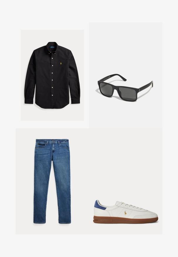 Svart langermet knappeskjorte med knappet krage og liten gul Polo Ralph Lauren-logo på venstre bryst.; Blå denimjeans med smal passform, med frontlommer, beltehemper og knappelukking på hvit bakgrunn.; Hvit lavtopp sneaker med brun såle, blå hælklakk, lisser og gyllent Polo Ralph Lauren-logo på siden.; Sorte rektangulære solbriller med mørke linser og matt overflate. Har preget "POLO"-logo på armene og en robust ramme.