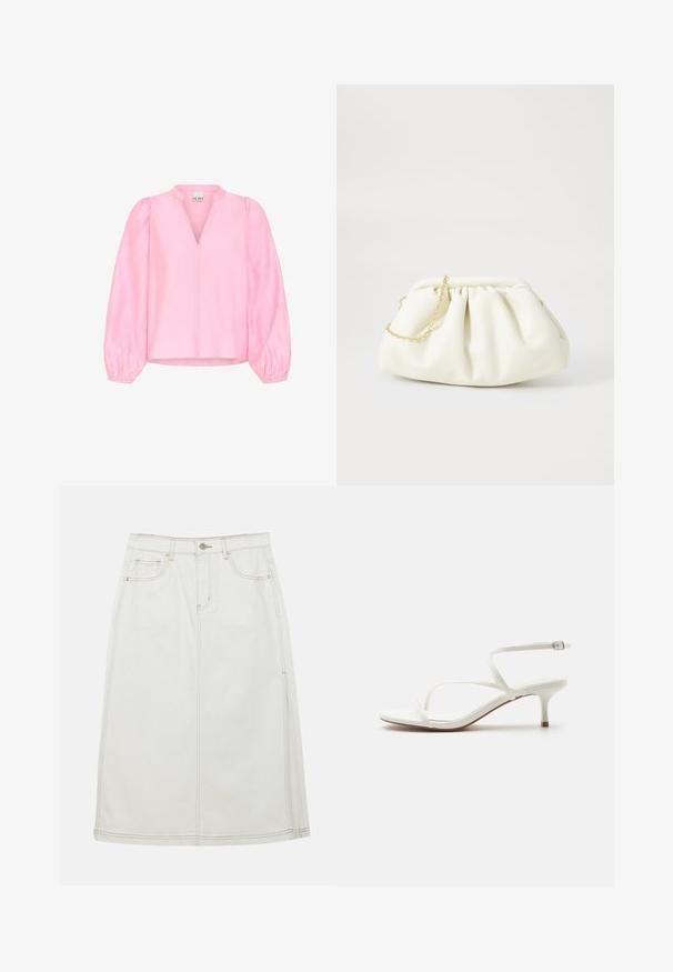 Roze blouse met lange, uitlopende mouwen en een V-hals. Gemaakt van lichtgewicht stof met een gladde textuur en een ontspannen pasvorm.; Witte denim midi-rok met een rechte silhouet, voorzien van een voorste knoopsluiting, twee zijzakken en contrasterende stikseldetails.; Witte sandaal voor dames met bandjes, lage kittenhak en enkelgesp op effen witte achtergrond.; Witte leren handtas met een geassembleerd ontwerp, voorzien van een gouden kettingband en een ronde vorm. Gladde textuur met zachte plooien en geen patronen.