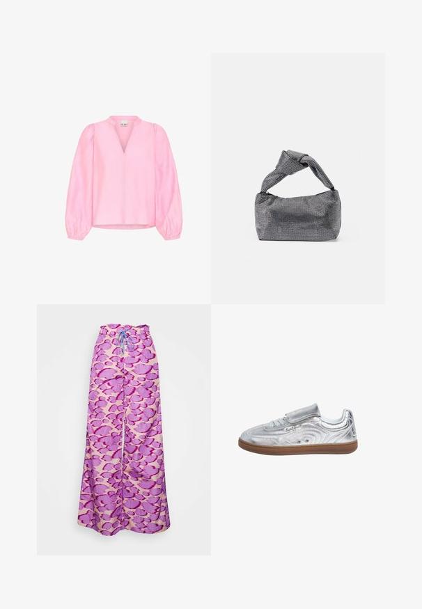 Roosa pluus pikka, puhvustega varrukatega ja V-kaelusega. Valmistatud kerge tekstiiliga, mis on sileda pinnaga ja mugava lõikega.; Hofmann Copenhagen ADELINA - Püksid - dahlia; Pepe Jeans Tossud - silver-coloured; Must musta ja hõbedane käekott, millel on tekstureeritud pind, millel on teemanti muster, sõlmega käepide ja struktureeritud kuju.