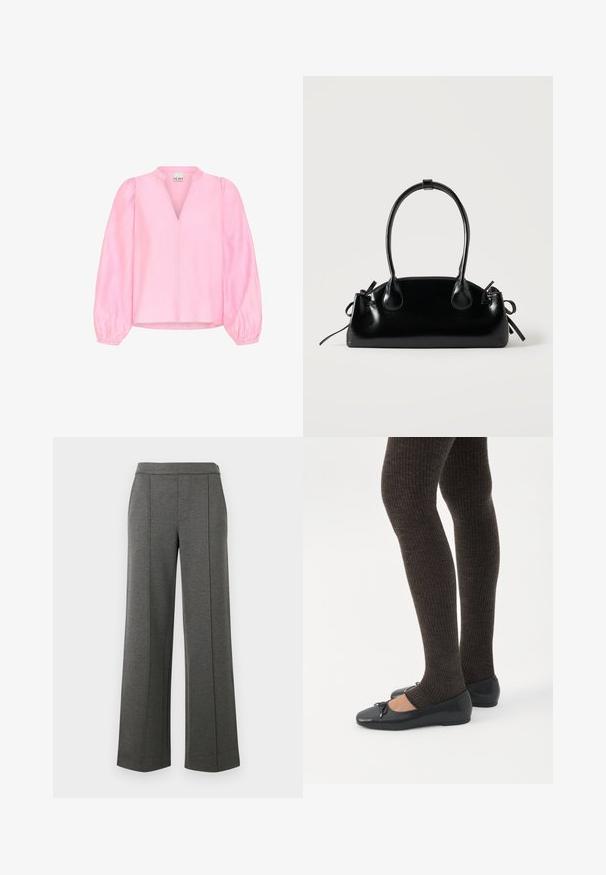 Roze blouse met lange, uitlopende mouwen en een V-hals. Gemaakt van lichtgewicht stof met een gladde textuur en een ontspannen pasvorm.; Grijze, wijde broek van een gestructureerde stof, met een gladde tailleband en verticale naden, en een ontspannen, vloeiende pasvorm.; Benen met donkere geribbelde leggings gecombineerd met zwarte ballerina's met kleine strikdetails op een witte achtergrond.; Kleine zwarte glanzende handtas met twee lange hengsels en zijkant trekkoord details op een effen lichte achtergrond.