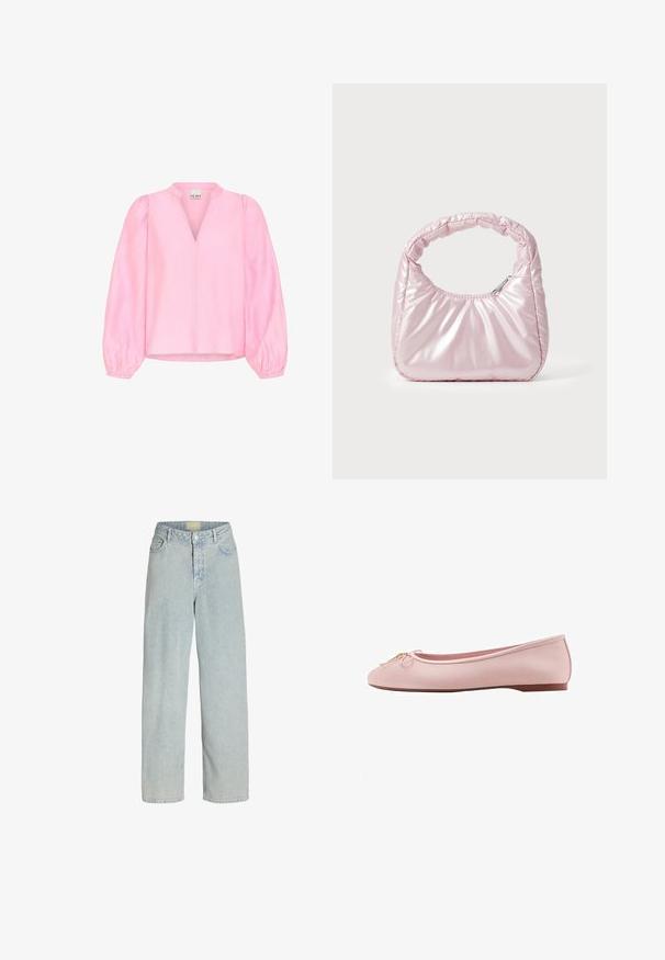 Roze blouse met lange, uitlopende mouwen en een V-hals. Gemaakt van lichtgewicht stof met een gladde textuur en een ontspannen pasvorm.; Lichtblauwe denim wide-leg jeans met een hoge taille, voorzakken en een knoopsluiting. De stof heeft een zachte, licht gestructureerde uitstraling.; Lichtroze leren ballerina met een klein strikje en gouden detail op de afgeronde neus, platte bruine zool.; Roze, gevoerde handtas met een afgeronde vorm, gemaakt van glanzend materiaal. Beschikt over een geplooide handgreep en een ritssluiting voor veilige toegang.