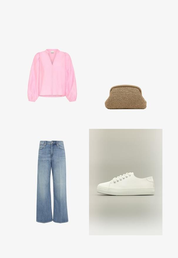 Roze blouse met lange, uitlopende mouwen en een V-hals. Gemaakt van lichtgewicht stof met een gladde textuur en een ontspannen pasvorm.; Lichtblauwe wijde jeans van denim met een vervaagde wassing. Heeft een hoge taille, vijf-pocketontwerp en een ritssluiting met knoopsluiting.; Witte lage sneaker met witte veters en rubberen zool, zijaanzicht op een neutrale achtergrond.; Beige geweven clutch met een afgeronde bovenrand en een zachte, gestructureerde buitenkant, getoond tegen een witte achtergrond.