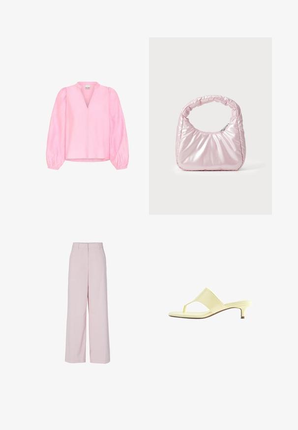 Roze blouse met lange, uitlopende mouwen en een V-hals. Gemaakt van lichtgewicht stof met een gladde textuur en een ontspannen pasvorm.; Lichtroze wijde broek met hoge taille, riemlussen en een verborgen sluiting aan de voorkant, afgebeeld tegen een effen witte achtergrond.; Lichtgele sandaal met hak en teenslipsluiting en lage kittenhak, getoond in zijprofiel op een witte achtergrond.; Roze, gevoerde handtas met een afgeronde vorm, gemaakt van glanzend materiaal. Beschikt over een geplooide handgreep en een ritssluiting voor veilige toegang.