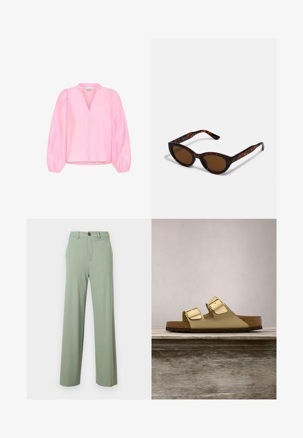 Roze blouse met lange, uitlopende mouwen en een V-hals. Gemaakt van lichtgewicht stof met een gladde textuur en een ontspannen pasvorm.; Lichtgroene rechte broek met riemlussen, zijzakken en een knoopsluiting in de tailleband.; Gouden metallic sandalen met twee banden en verstelbare gespen, kurken voetbed en een gemarmerde rubberen loopzool. Beschikt over een open teen- en open hielontwerp.; Bruine schildpad zonnebril met een vintage cat-eye vorm en bruine lenzen. Heeft gebogen armen met rode accenten.