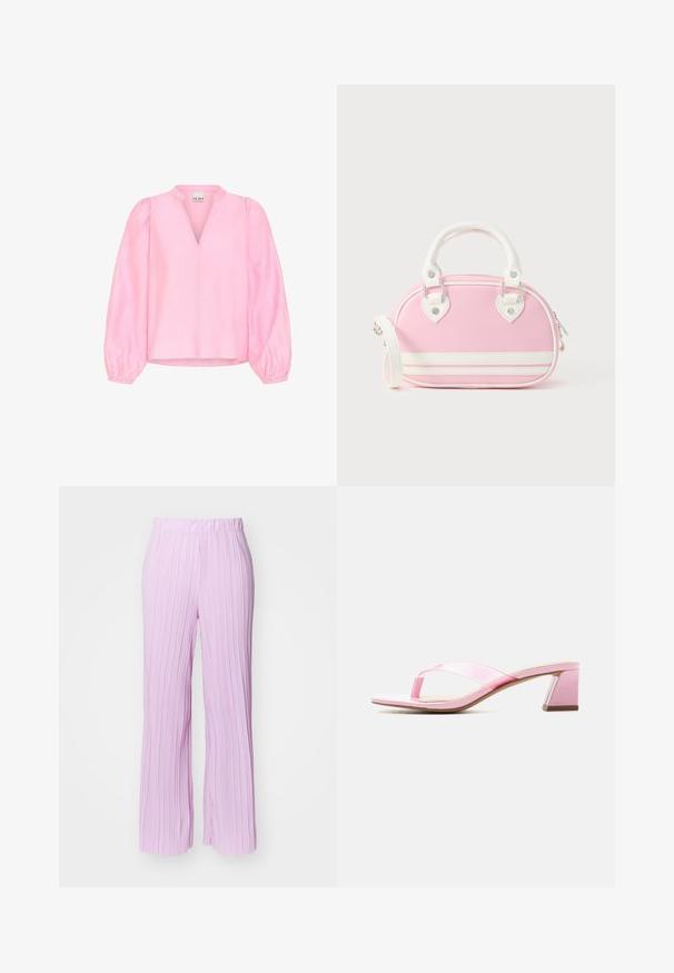 Roze blouse met lange, uitlopende mouwen en een V-hals. Gemaakt van lichtgewicht stof met een gladde textuur en een ontspannen pasvorm.; Lichtroze, geplooide broeken met een wide-leg ontwerp en een elastische tailleband, met verticale textuur en een gladde afwerking.; Roze open-toe sandaal met transparante bandjes en blokhak tegen een effen witte achtergrond.; Roze handtas met witte accenten, afgeronde vorm, handvatten aan de bovenkant, afneembare schouderriem en hartvormige sierdetails. Ritssluiting.