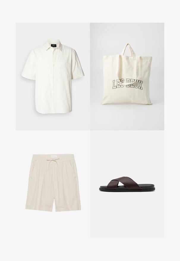 Chemise à manches courtes, boutonnée, en tissu blanc cassé avec une poche sur la poitrine gauche et un col classique. Texture lisse.; Shorts en lin beige avec taille élastique, cordon de serrage et poches latérales. Coupe décontractée avec jambe droite et ourlet retourné.; Sandale à glissière à lanières croisées de couleur marron, dotée d'une finition mate, d'une semelle noire plate et d'une texture lisse. Design minimaliste sans matériel visible.; Sac fourre-tout en toile de couleur ivoire, avec des poignées courtes et le texte imprimé "LES DEUX" en lettres noires en gras. Design durable et simple.