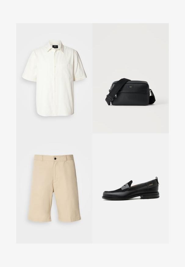 Chemise à manches courtes, boutonnée, en tissu blanc cassé avec une poche sur la poitrine gauche et un col classique. Texture lisse.; Shorts beiges en tissu léger, avec une taille plate, une taille standard avec fermeture à bouton, et un ourlet droit.; Mocassin en cuir noir avec détail de bride grise, talon bas et semelle texturée, marqué "HUGO" en or sur le côté.; Sac bandoulière en cuir noir texturé avec poche avant zippée et bandoulière large en tissu réglable sur fond blanc.