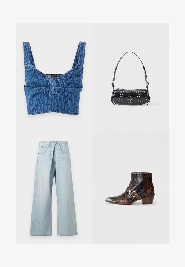 Denim-Crop-Top mit breiten Trägern, versehen mit einem blauen Tiermotiv, gerafftem Rücken und sichtbaren Nähten entlang der Kanten.; Hellblaue Jeans mit weitem Bein, Gürtelschlaufen und Vordertaschen, von vorne auf einfachem Hintergrund dargestellt.; Schwarz-braune Schlangenleder-Print Knöchelstiefel mit silberner Zehenspitze, Schnallenakzent und niedrigem Holzabsatz. Glatte Textur, enganliegendes Design.; Schwarze Schultertasche aus Lackleder mit silbernen Nieten in vertikalen Reihen und einem kleinen silbernen Vogel-Emblem in der Mitte vorne.