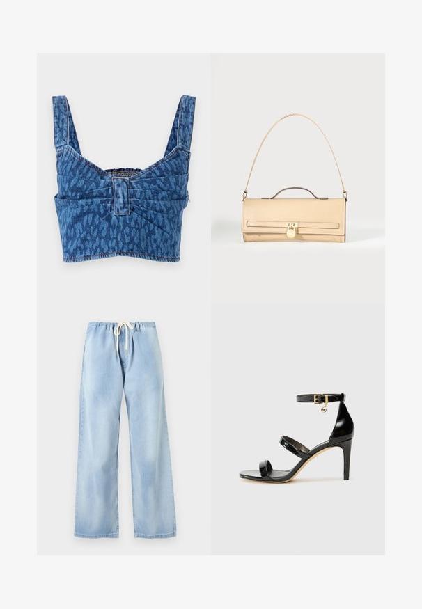 Denim crop toppi leveillä olkaimilla, jossa on sininen eläinkuosinen kuvio, nyöritetty selkä ja paljaat saumat reunoilla.; Vaaleansiniset leveälahkeiset farkut, joissa on joustava vyötärönauha ja valkoinen kiristysnauha, esillä yksivärisellä taustalla.; Musta patentoitu nahkasandaali, jossa on kolme hihnaa, nilkkasolki ja 4 tuuman stiletto-korko. Varustettu kultaisilla yksityiskohdilla ja logokoristeella.; Beigenvärinen suorakulmainen nahkainen käsilaukku, jossa on kultainen ketjuhihna, yläkahva ja kultainen lukko.
