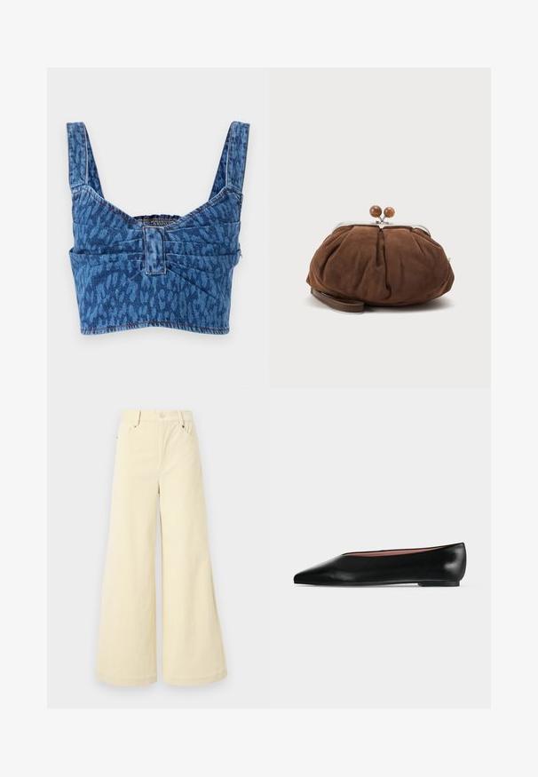 Τζιν crop top με φαρδιές τιράντες, διακοσμημένο με μπλε σχέδιο ζώου, με σούρα στην πλάτη και εκτεθειμένες ραφές κατά μήκος των άκρων.; Φαρδιά παντελόνια από μαλακό μπεζ ύφασμα με υφή, διαθέτουν μπροστινές τσέπες, θηλιές ζώνης και κλείσιμο με ένα κουμπί.; Μαύρο δερμάτινο γυναικείο παπούτσι με χαμηλό τακούνι και μυτερή μύτη, εμφανιζόμενο πλάγια σε απλό ανοιχτό γκρι φόντο.; Μαλακή καφέ σουέτ τσάντα χειρός με ασημένιο μεταλλικό πλαίσιο και στρογγυλές καφέ μπίλιες κλεισίματος σε απλό φωτεινό φόντο.